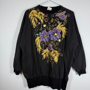 VTG Piccadilly Fashions Black Floral Embellished Sweatshirt Gold Purple CANADA